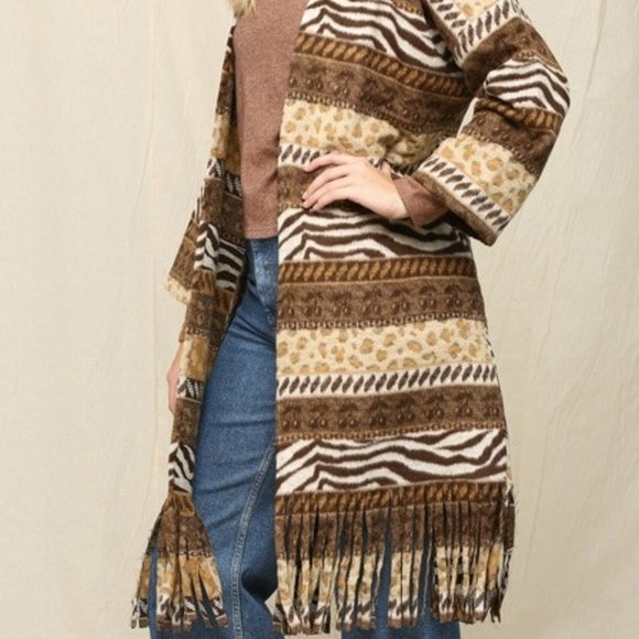 Aztec Duster Long Cardigan With Fringe Detail - Picture 1 of 6